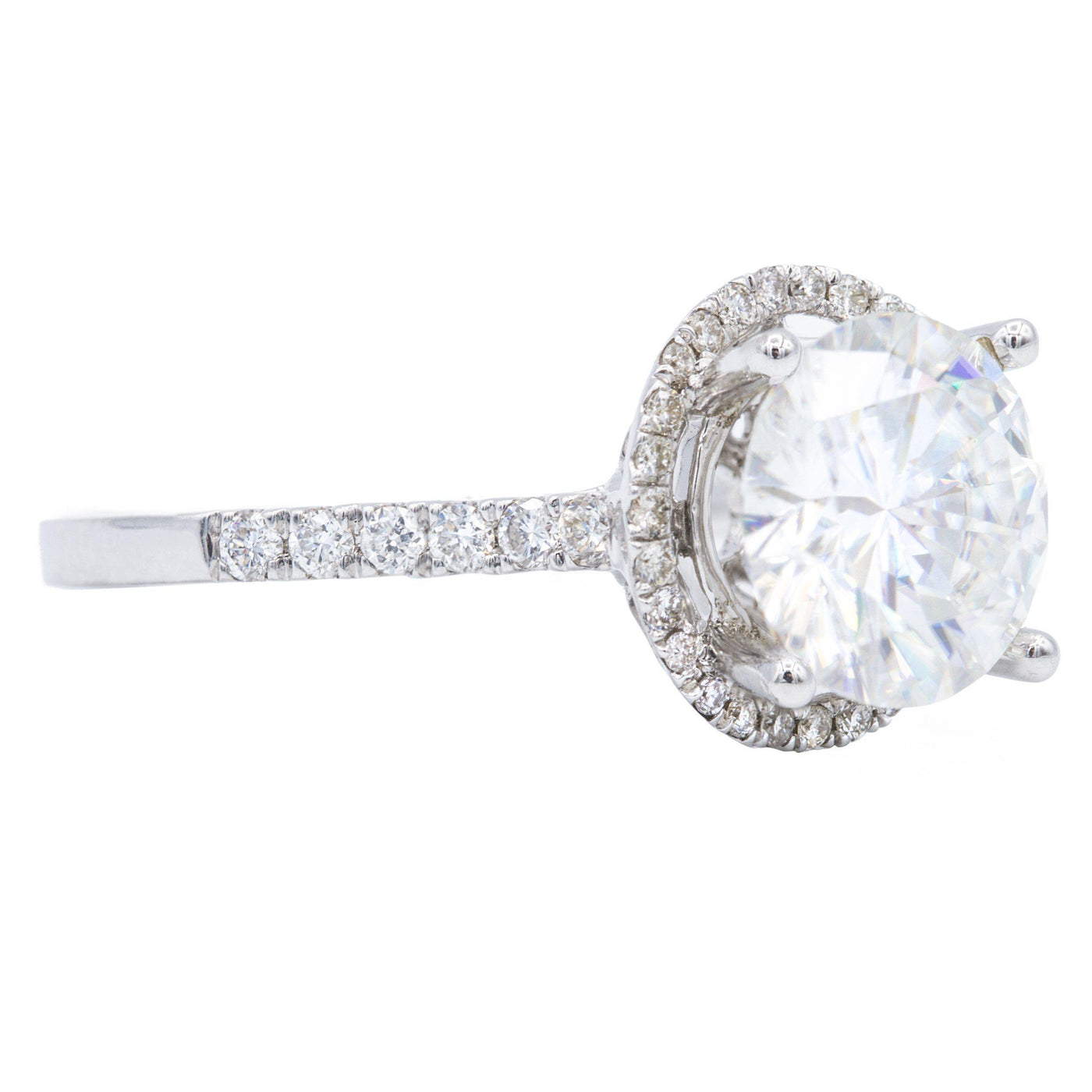 9mm Round Moissanite 14K White Gold Diamond Halo Shank Ring-Fire & Brilliance ® Creative Designs-Fire & Brilliance ®