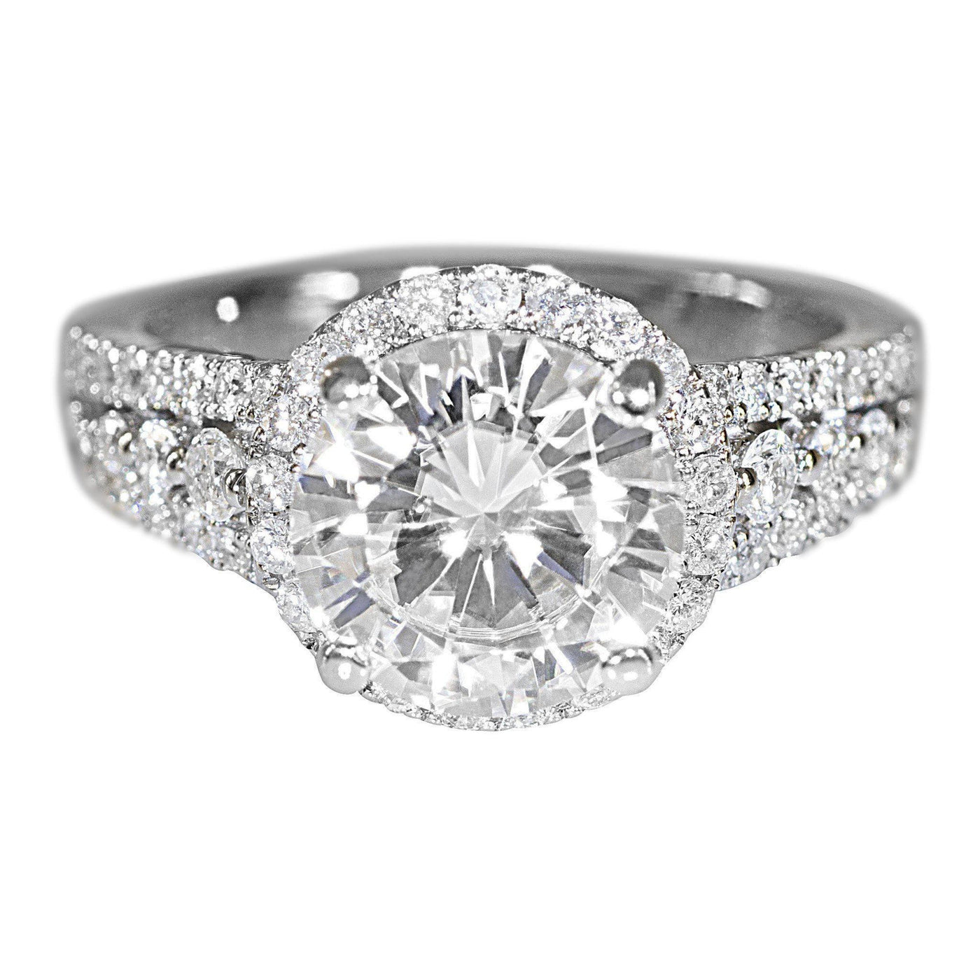 9mm Round Moissanite 14KW Thick Band with Diamond Shoulders and Halo Filigree Basket Design Ring-Fire & Brilliance ® Creative Designs-Fire & Brilliance ®