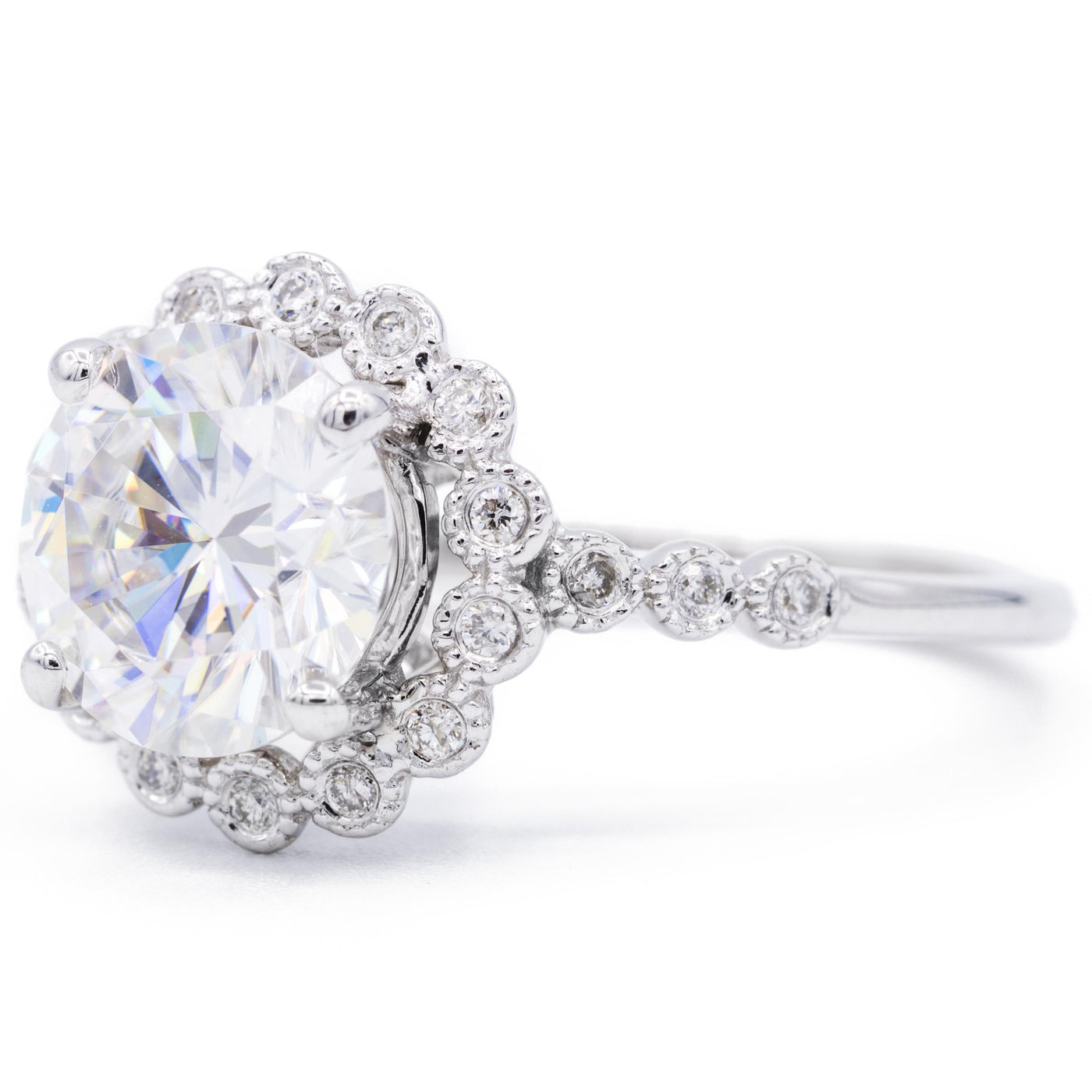 9mm Round Moissanite Milgrain Floral Halo Diamond Bezel 4 Prong 14K White Gold Ring-Fire & Brilliance ® Creative Designs-Fire & Brilliance ®
