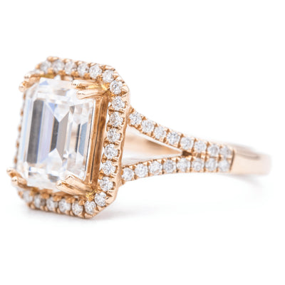 9x7mm Emerald Moissanite 14K Rose Gold Halo with Side Diamonds Ring-Fire & Brilliance ® Creative Designs-Fire & Brilliance ®