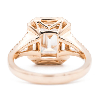 9x7mm Emerald Moissanite 14K Rose Gold Halo with Side Diamonds Ring-Fire & Brilliance ® Creative Designs-Fire & Brilliance ®