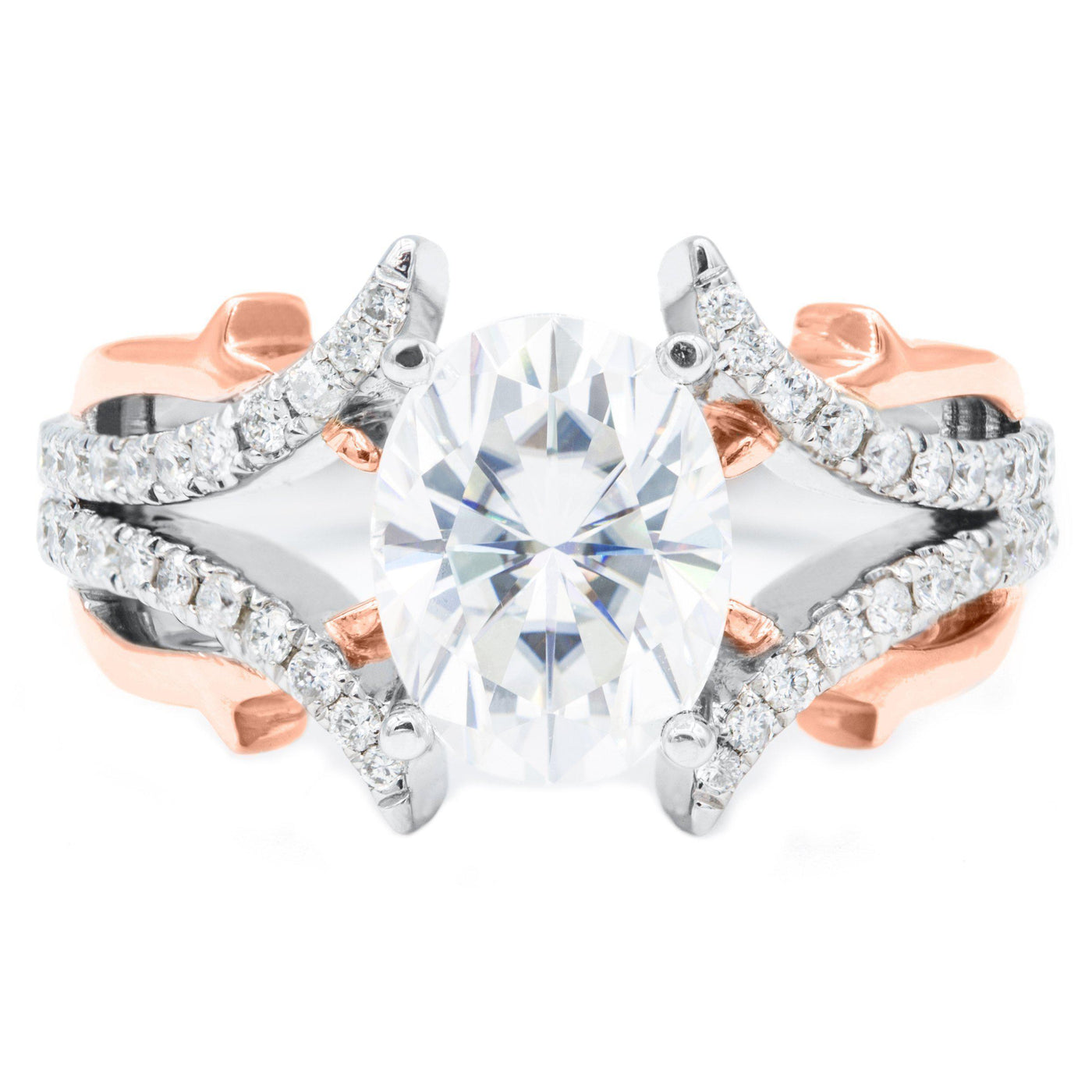 9x7mm Oval Moissanite 14K Two-Tone White and Rose Gold 4 Prong Diamond Accent Ring-Fire & Brilliance ® Creative Designs-Fire & Brilliance ®