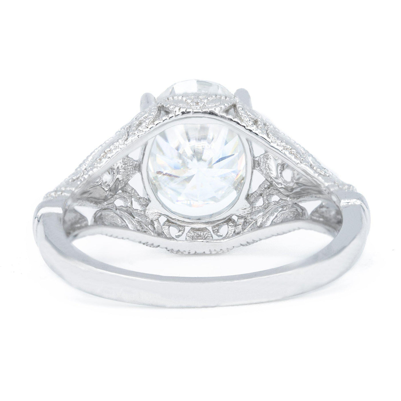 9x7mm Oval Moissanite 14K White Gold Milgrain Design Diamond Accent Ring-Fire & Brilliance ® Creative Designs-Fire & Brilliance ®
