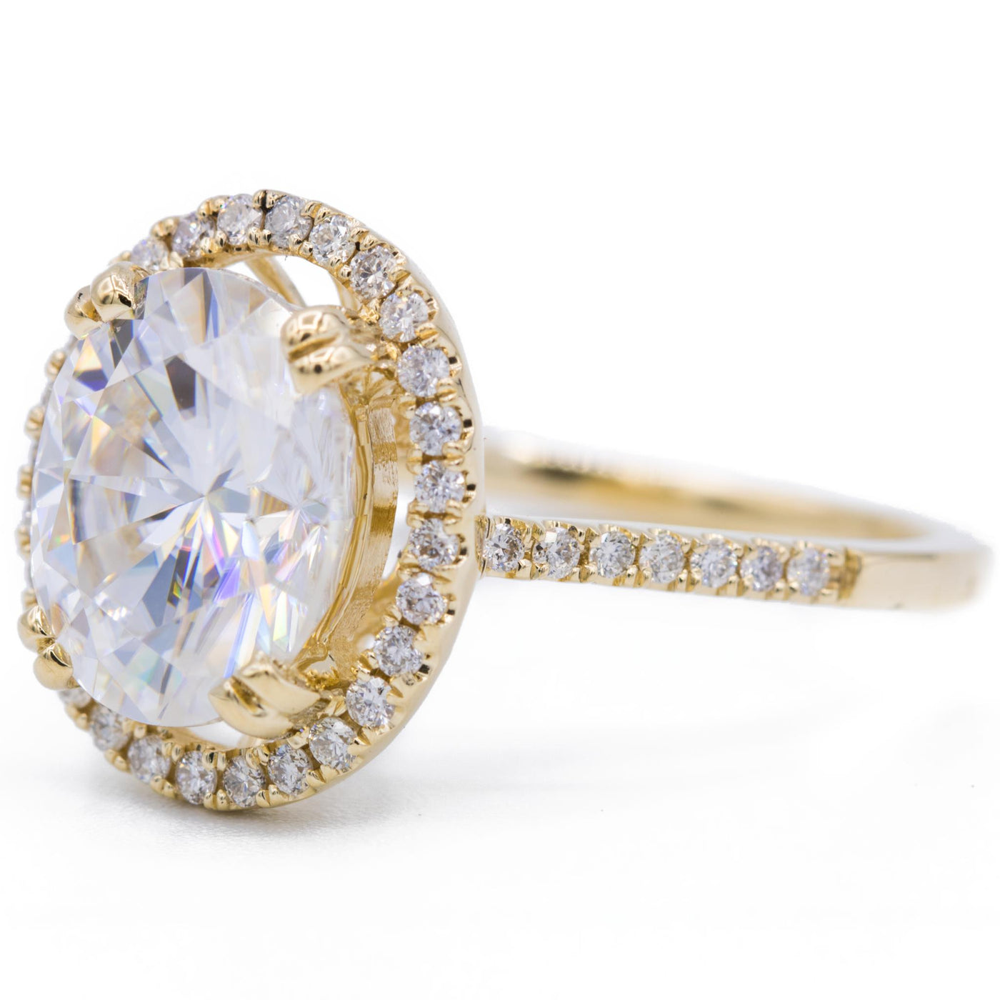 9x7mm Oval Moissanite 14K Yellow Gold Halo with Royal Basket Diamond Ring-Fire & Brilliance ® Creative Designs-Fire & Brilliance ®