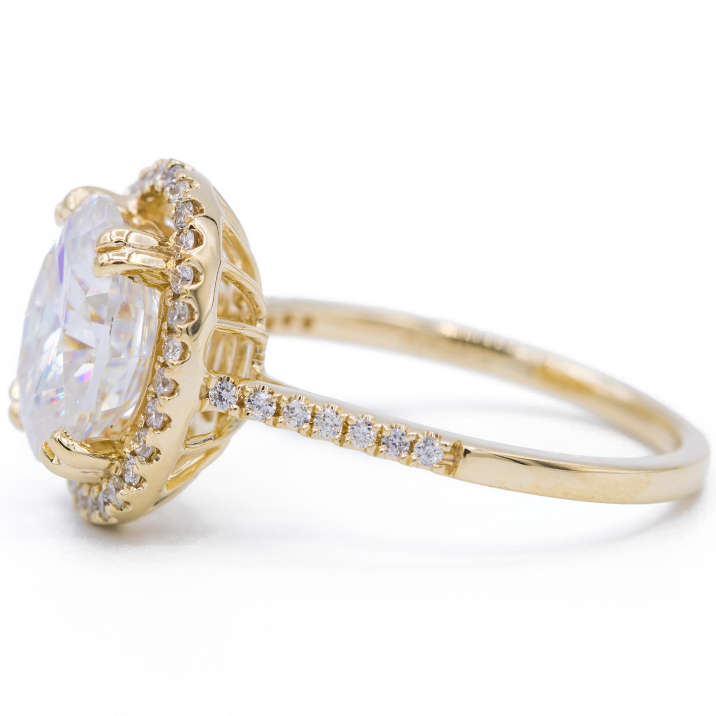 9x7mm Oval Moissanite 14K Yellow Gold Halo with Royal Basket Diamond Ring-Fire & Brilliance ® Creative Designs-Fire & Brilliance ®