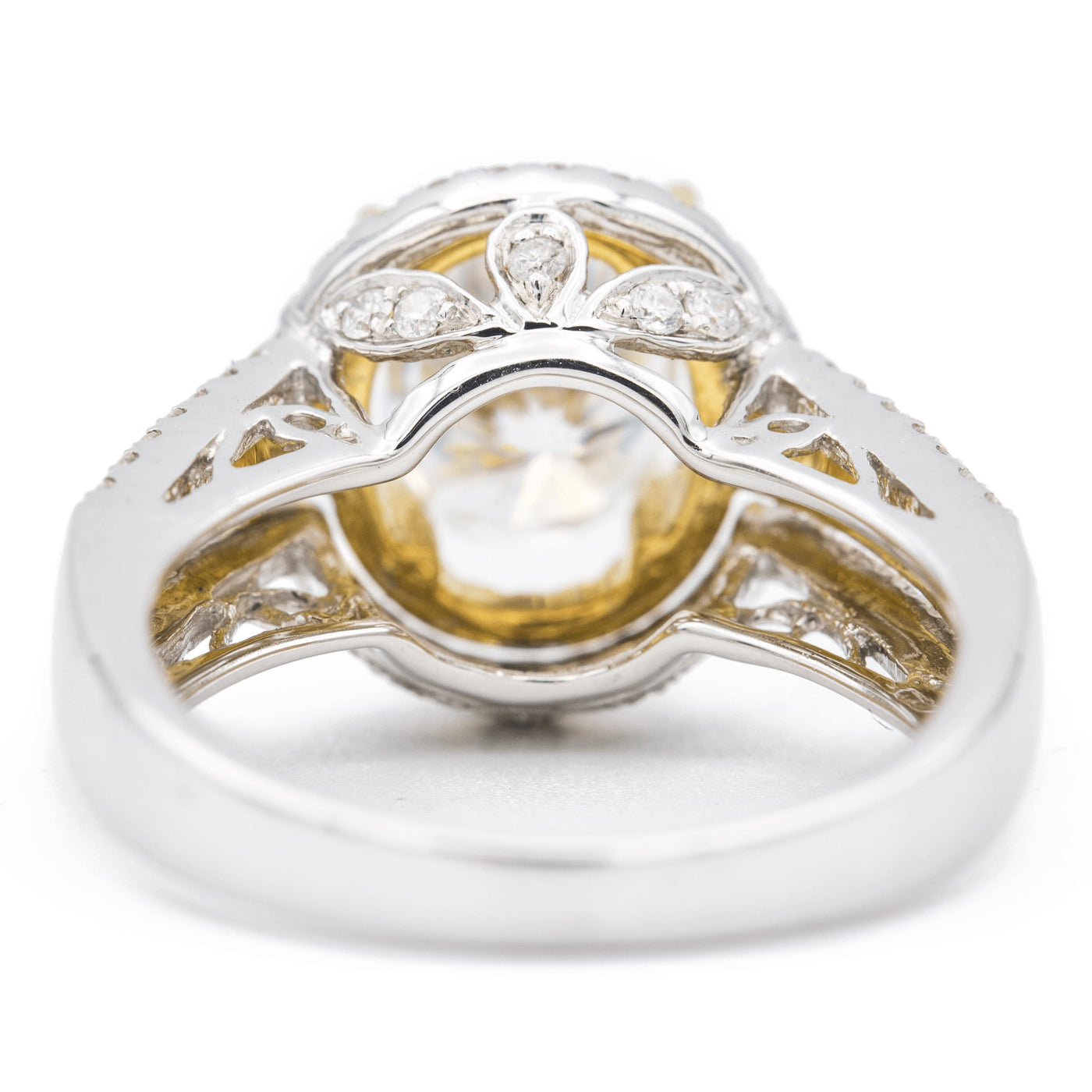 9x7mm Oval Moissanite Two Tone 14K White/Yellow Gold Halo with Side Diamonds Ring-Fire & Brilliance ® Creative Designs-Fire & Brilliance ®