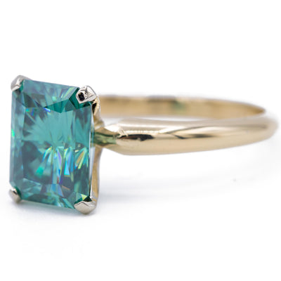 9x7mm Medium Light Emerald Green Radiant Moissanite 14KY and 14KW Two-Tone Solitaire Ring-Fire & Brilliance ® Creative Designs-Fire & Brilliance ®