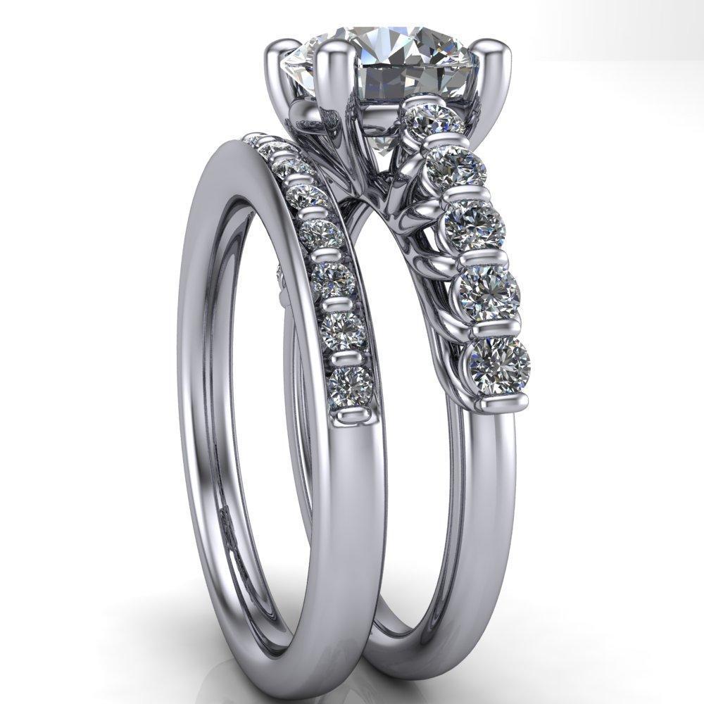 Abigail Round Moissanite 4 Prong Center and 12 Diamond Shoulders Ring-Custom-Made Jewelry-Fire & Brilliance ®