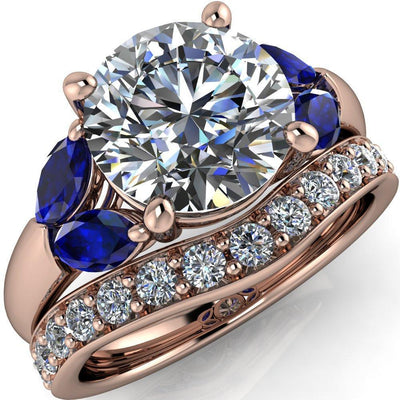 Adrenne Round Moissanite 4 Prong Double Blue Sapphire Marquise Side Ring-Custom-Made Jewelry-Fire & Brilliance ®