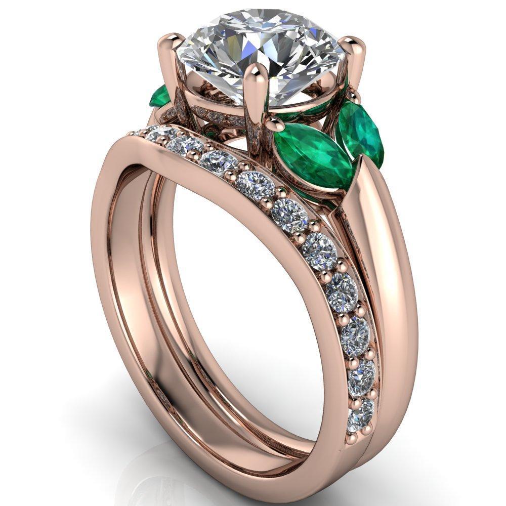 Adrenne Round Moissanite 4 Prong Double Emerald Marquise Side Ring-Custom-Made Jewelry-Fire & Brilliance ®