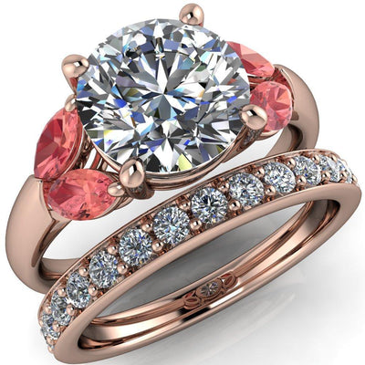 Adrenne Round Moissanite 4 Prong Double Padparadscha Sapphire Marquise Side Ring-Custom-Made Jewelry-Fire & Brilliance ®