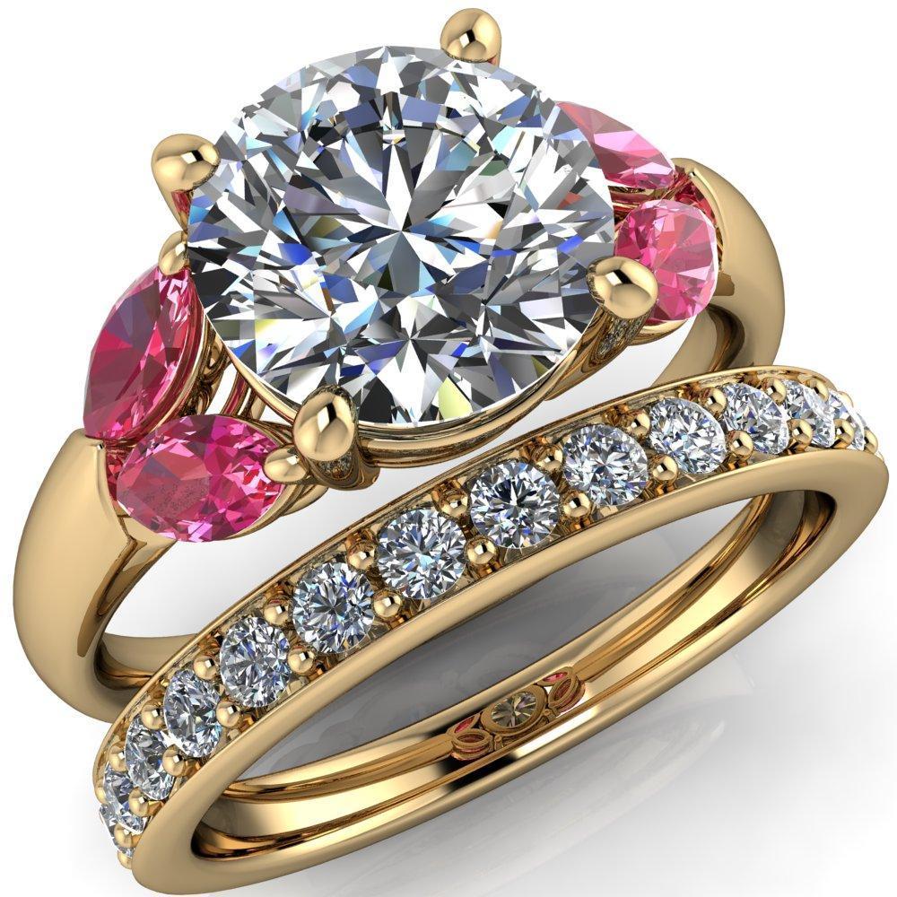 Adrenne Round Moissanite 4 Prong Double Pink Sapphire Marquise Side Ring-Custom-Made Jewelry-Fire & Brilliance ®