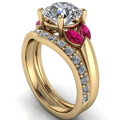 Adrenne Round Moissanite 4 Prong Double Ruby Marquise Side Ring-Custom-Made Jewelry-Fire & Brilliance ®