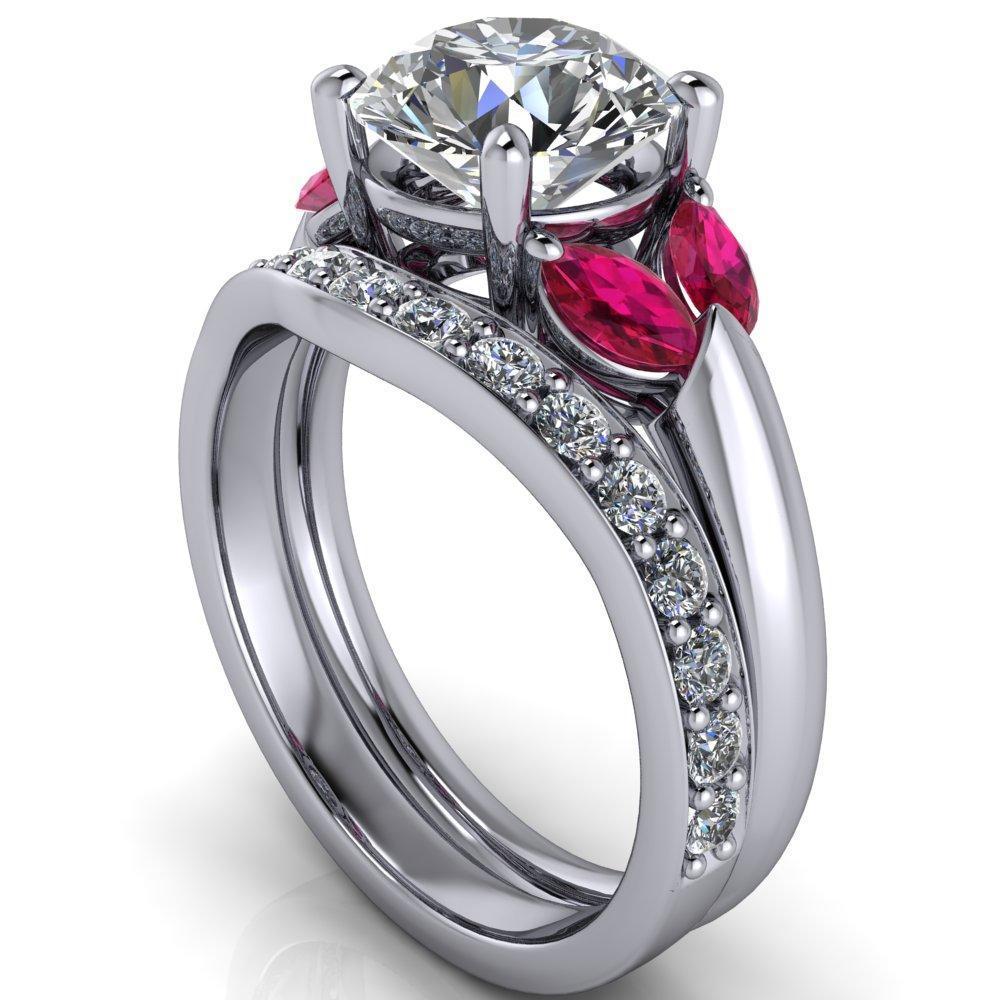 Adrenne Round Moissanite 4 Prong Double Ruby Marquise Side Ring-Custom-Made Jewelry-Fire & Brilliance ®
