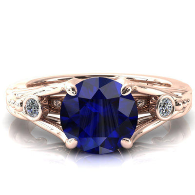 Aerolynn Round Blue Sapphire 4 Prong Diamond Accent Engagement Ring-Custom-Made Jewelry-Fire & Brilliance ®