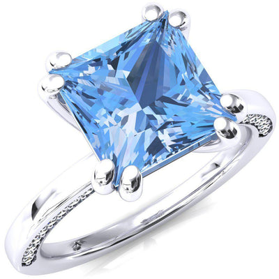 Ain Princess Aqua Blue Spinel 4 Double Prong Single Rail Diamond Accent Engagement Ring-FIRE & BRILLIANCE