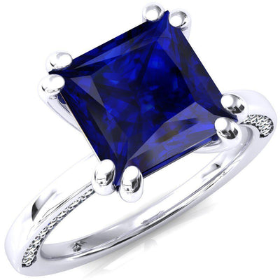 Ain Princess Blue Sapphire 4 Double Prong Single Rail Diamond Accent Engagement Ring-FIRE & BRILLIANCE