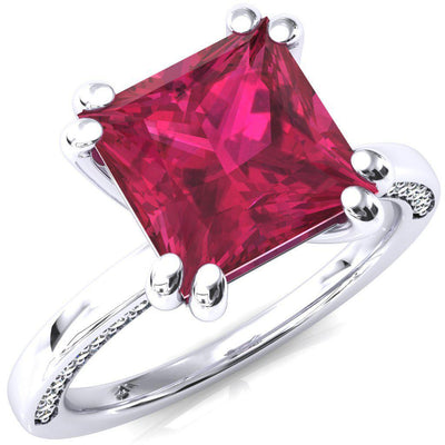 Ain Princess Ruby 4 Double Prong Single Rail Diamond Accent Engagement Ring-FIRE & BRILLIANCE