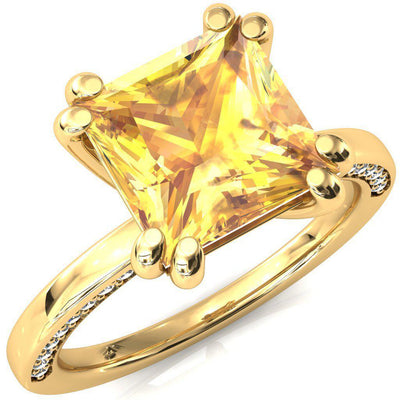 Ain Princess Yellow Sapphire 4 Double Prong Single Rail Diamond Accent Engagement Ring-FIRE & BRILLIANCE