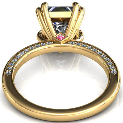 Ain Princess/Square Moissanite 4 Double Prongs Pink Sapphire Bezel Diamond Side Shank Ring-Custom-Made Jewelry-Fire & Brilliance ®