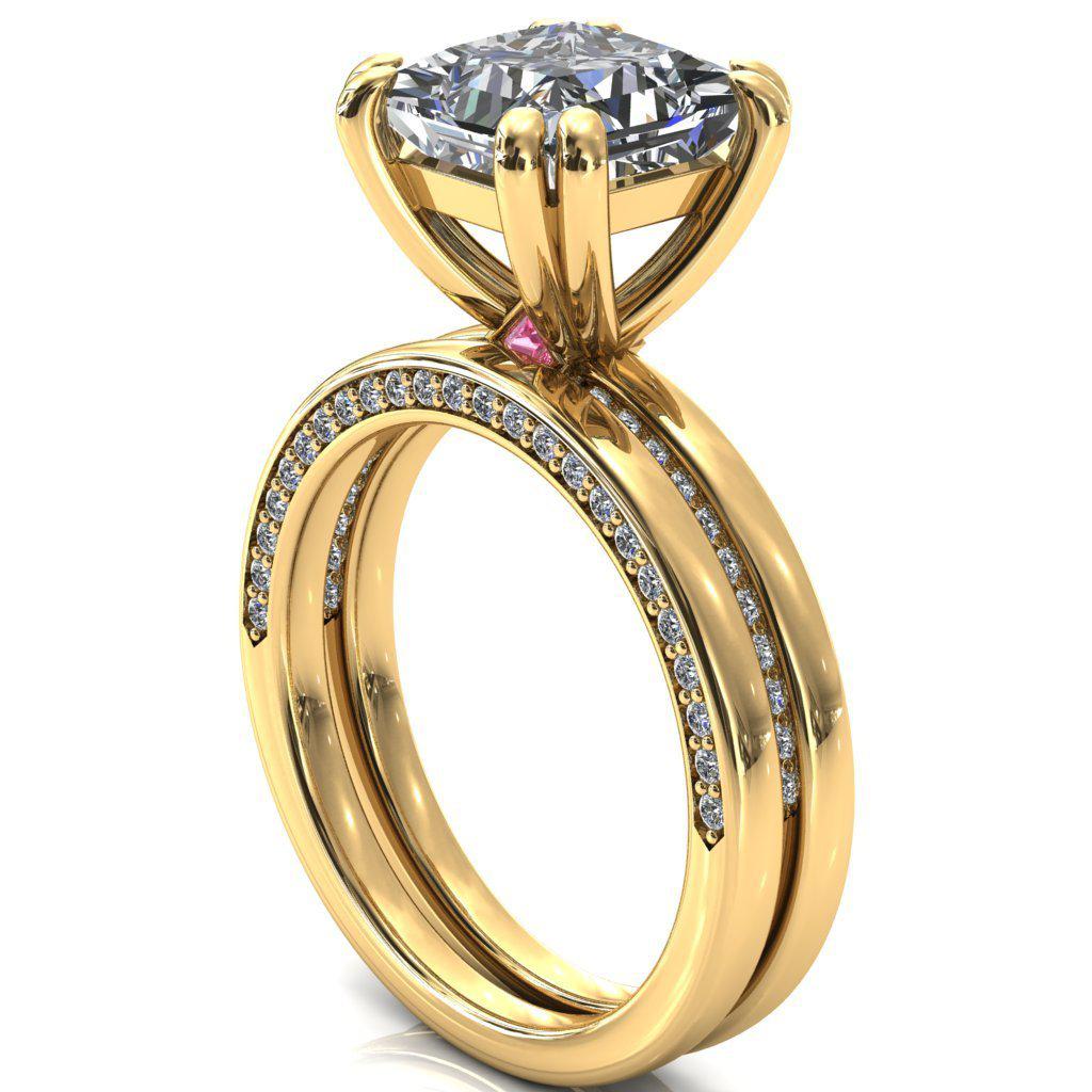 Ain Princess/Square Moissanite 4 Double Prongs Pink Sapphire Bezel Diamond Side Shank Ring-Custom-Made Jewelry-Fire & Brilliance ®