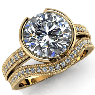 Alaina Round Moissanite Half Bezel Set Milgrain Diamond Sides Ring-Custom-Made Jewelry-Fire & Brilliance ®