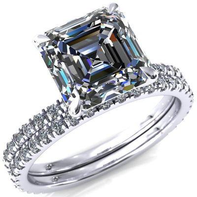 Alayna Asscher Moissanite 4 Claw Prong 3/4 Micro Pave Diamond Accent Ring Engagement Ring-FIRE & BRILLIANCE