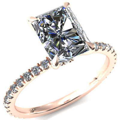 Alayna Radiant Moissanite 4 Claw Prong 3/4 Micro Pave Diamond Accent Ring Engagement Ring