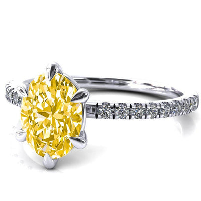 Alessandra Oval Canary Yellow 6 Claw Prong Diamond Accent Engagement Ring-FIRE & BRILLIANCE
