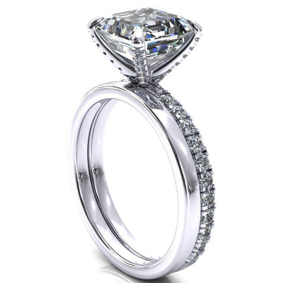 Alessi Asscher Moissanite 4 Claw Prong 3/4 Micro Pave Engagement Ring-FIRE & BRILLIANCE