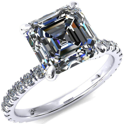 Alessi Asscher Moissanite 4 Claw Prong 3/4 Micro Pave Engagement Ring-FIRE & BRILLIANCE