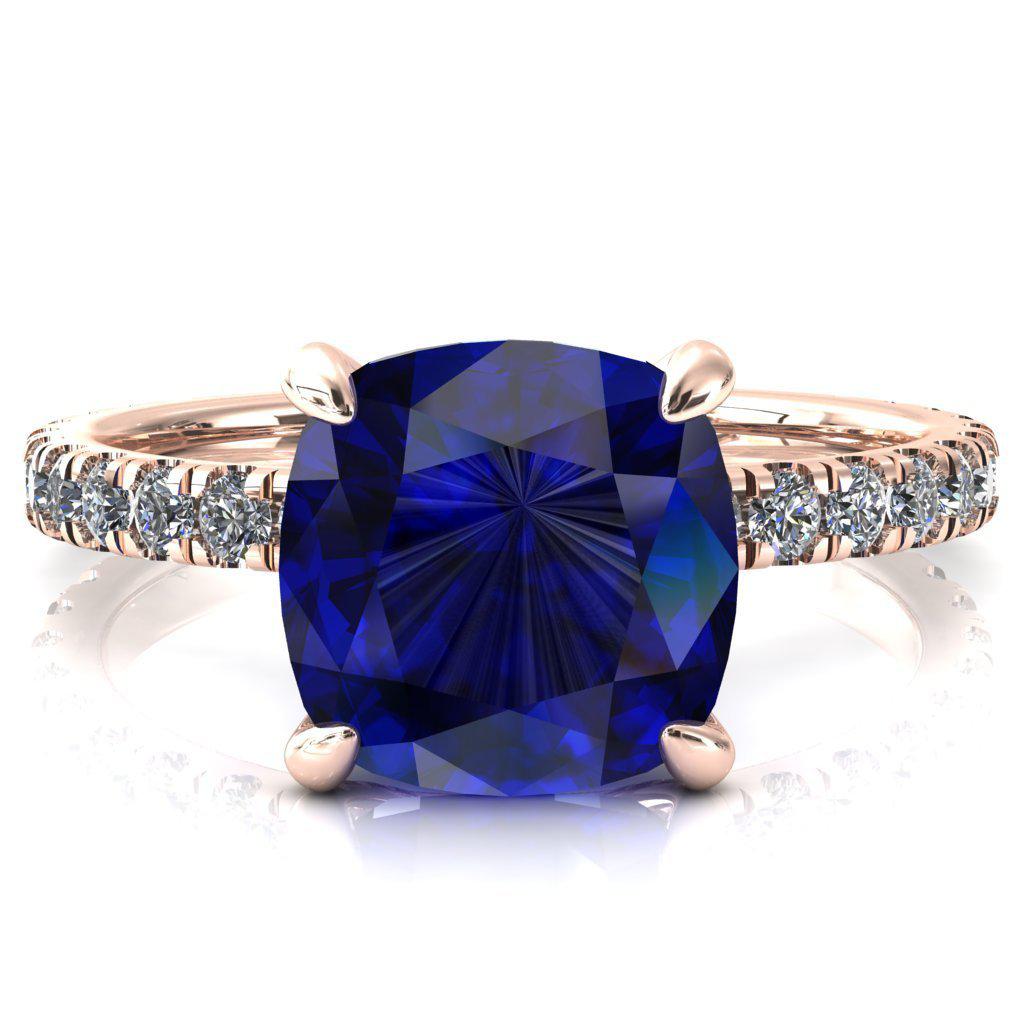 Alessi Cushion Blue Sapphire 4 Claw Prong 3/4 Micro Pave Engagement Ring-FIRE & BRILLIANCE