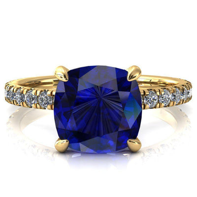 Alessi Cushion Blue Sapphire 4 Claw Prong 3/4 Micro Pave Engagement Ring-FIRE & BRILLIANCE