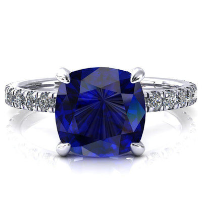 Alessi Cushion Blue Sapphire 4 Claw Prong 3/4 Micro Pave Engagement Ring-FIRE & BRILLIANCE