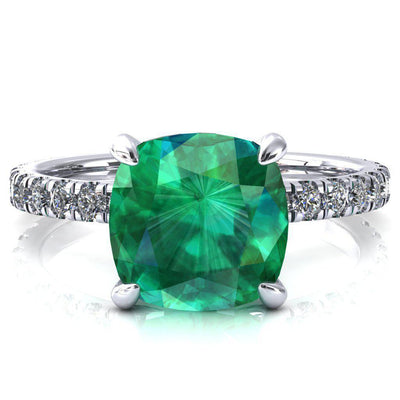 Alessi Cushion Emerald 4 Claw Prong 3/4 Micro Pave Engagement Ring-FIRE & BRILLIANCE