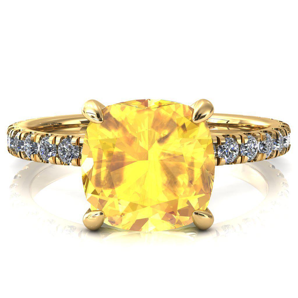 Alessi Cushion Yellow Sapphire 4 Claw Prong 3/4 Micro Pave Engagement Ring-FIRE & BRILLIANCE