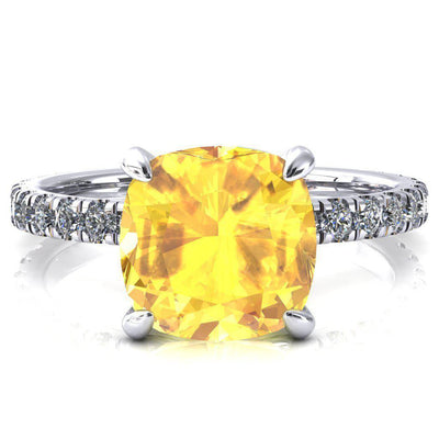 Alessi Cushion Yellow Sapphire 4 Claw Prong 3/4 Micro Pave Engagement Ring-FIRE & BRILLIANCE
