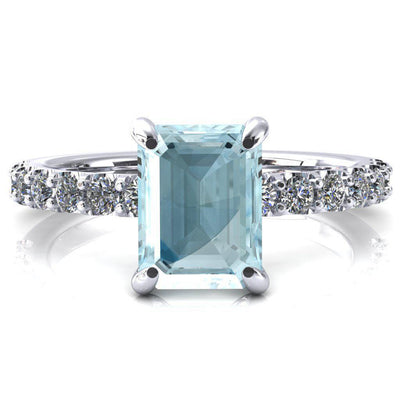 Alessi Emerald Aqua Blue Spinel 4 Claw Prong 3/4 Micro Pave Engagement Ring-FIRE & BRILLIANCE