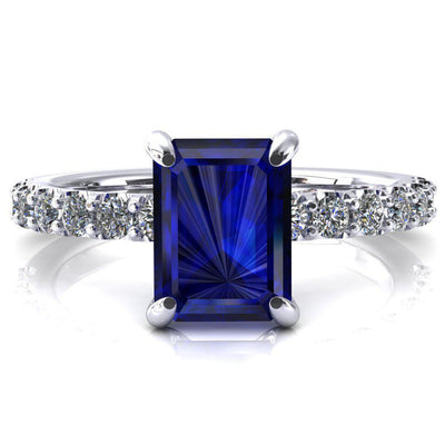 Alessi Emerald Blue Sapphire 4 Claw Prong 3/4 Micro Pave Engagement Ring-FIRE & BRILLIANCE