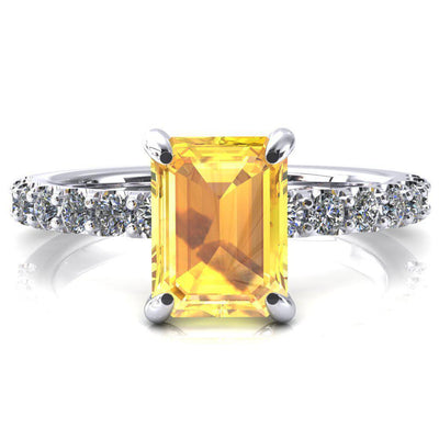 Alessi Emerald Yellow Sapphire 4 Claw Prong 3/4 Micro Pave Engagement Ring-FIRE & BRILLIANCE
