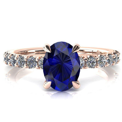 Alessi Oval Blue Sapphire 4 Claw Prong 3/4 Micro Pave Engagement Ring-FIRE & BRILLIANCE
