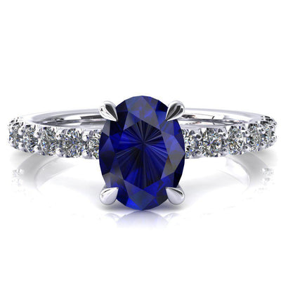 Alessi Oval Blue Sapphire 4 Claw Prong 3/4 Micro Pave Engagement Ring-FIRE & BRILLIANCE