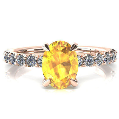 Alessi Oval Yellow Sapphire 4 Claw Prong 3/4 Micro Pave Engagement Ring-FIRE & BRILLIANCE
