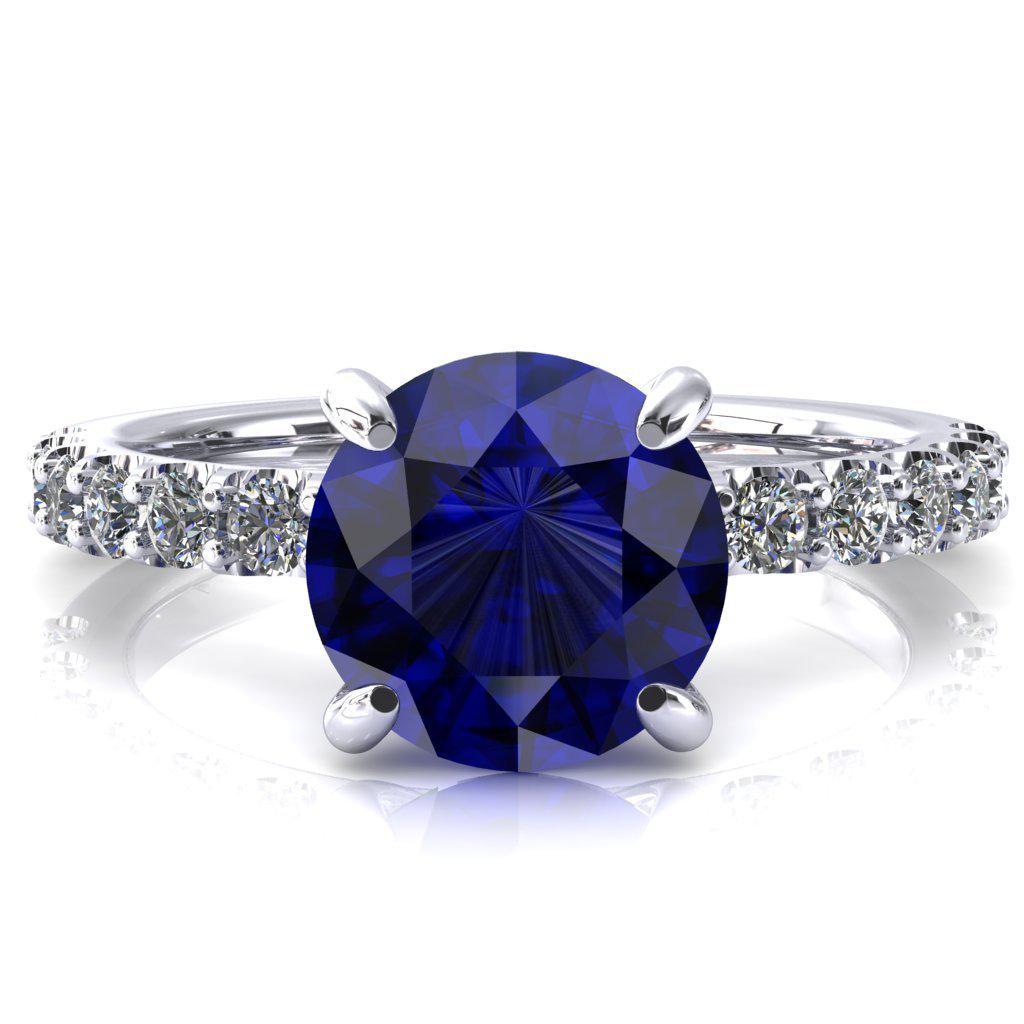 Alessi Round Blue Sapphire 4 Claw Prong 3/4 Micro Pave Engagement Ring-FIRE & BRILLIANCE