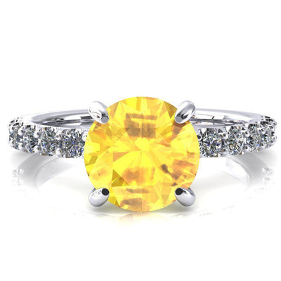 Alessi Round Yellow Sapphire 4 Claw Prong 3/4 Micro Pave Engagement Ring-FIRE & BRILLIANCE