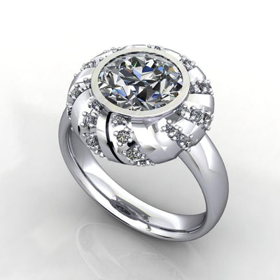 Alexa Round Moissanite Bezel Set Wreath Basket Ring-Custom-Made Jewelry-Fire & Brilliance ®