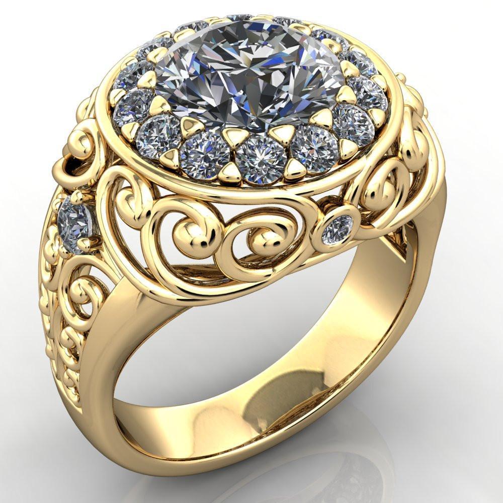 Alison Round Moissanite and Diamond Cluster Antique Floral Design Ring-Custom-Made Jewelry-Fire & Brilliance ®