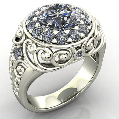 Alison Round Moissanite and Diamond Cluster Antique Floral Design Ring-Custom-Made Jewelry-Fire & Brilliance ®