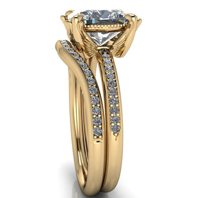 Angelica Cushion Moissanite Angel Wings and Diamond Band Ring-Custom-Made Jewelry-Fire & Brilliance ®