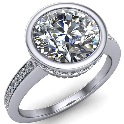 Anna Round Moissanite Bezel Set Diamond Halo Etched Basket Ring-Custom-Made Jewelry-Fire & Brilliance ®